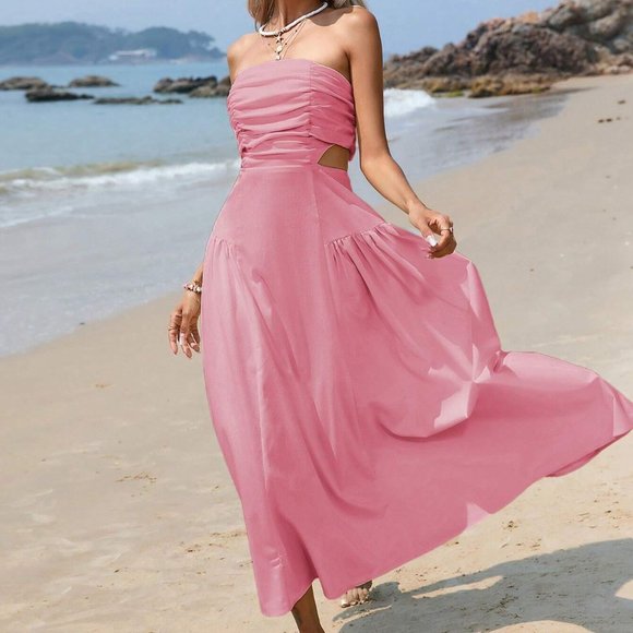 Pink Boho Womens Cut Out Waist Ruched Tube Dress - Picture 3 of 5